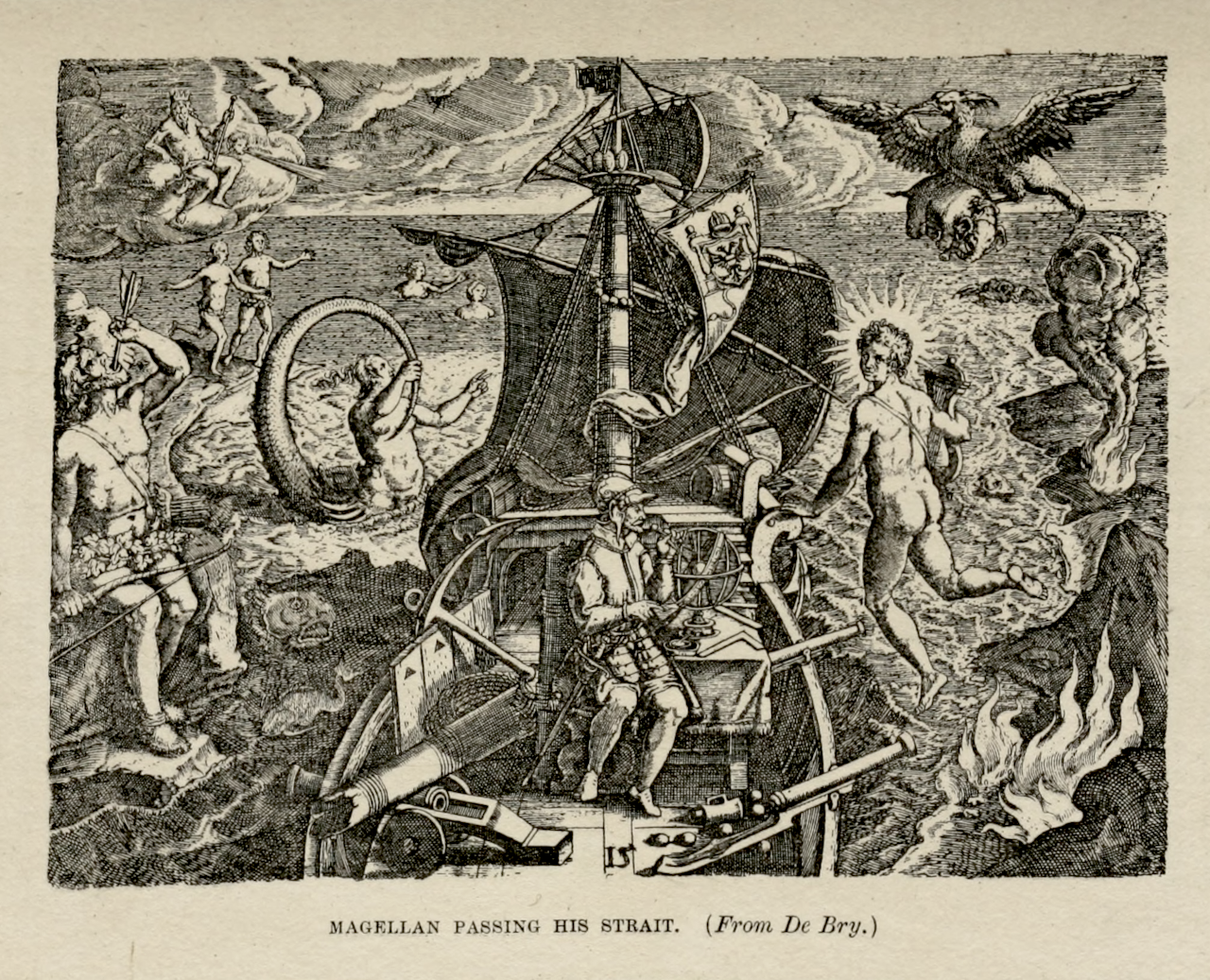An engraving of Magellan's ship passing through the strait, surrounded by sea monsters, mermaids, a figure of Apollo, and fires burning on the shore.