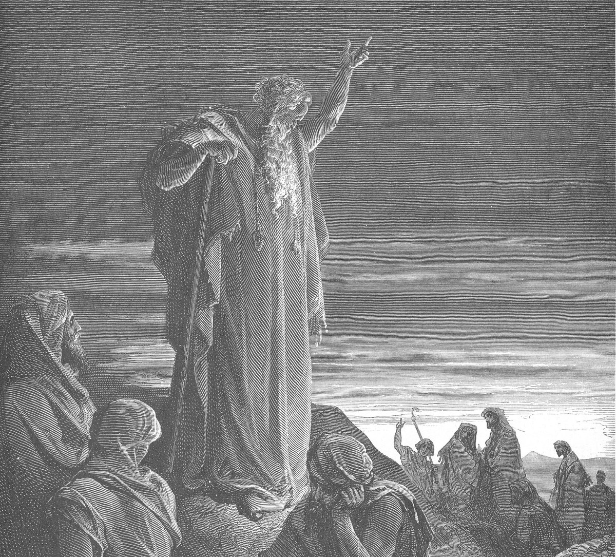 An engraving by Gustave Doré of a wild-bearded prophet on a rocky hilltop, leaning on a staff and pointing to the sky, while a crowd crouches below him in despair.