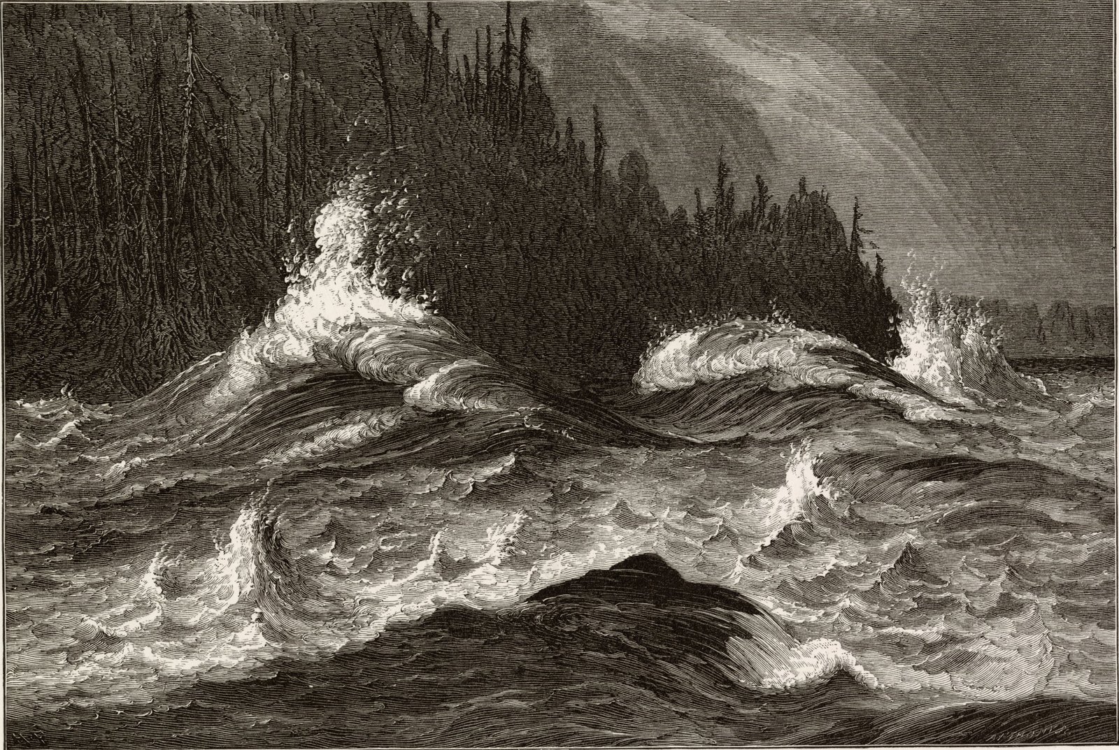An engraving of the Niagara River's whirlpool: white water heaving in great curling waves below a dark, forested bank.