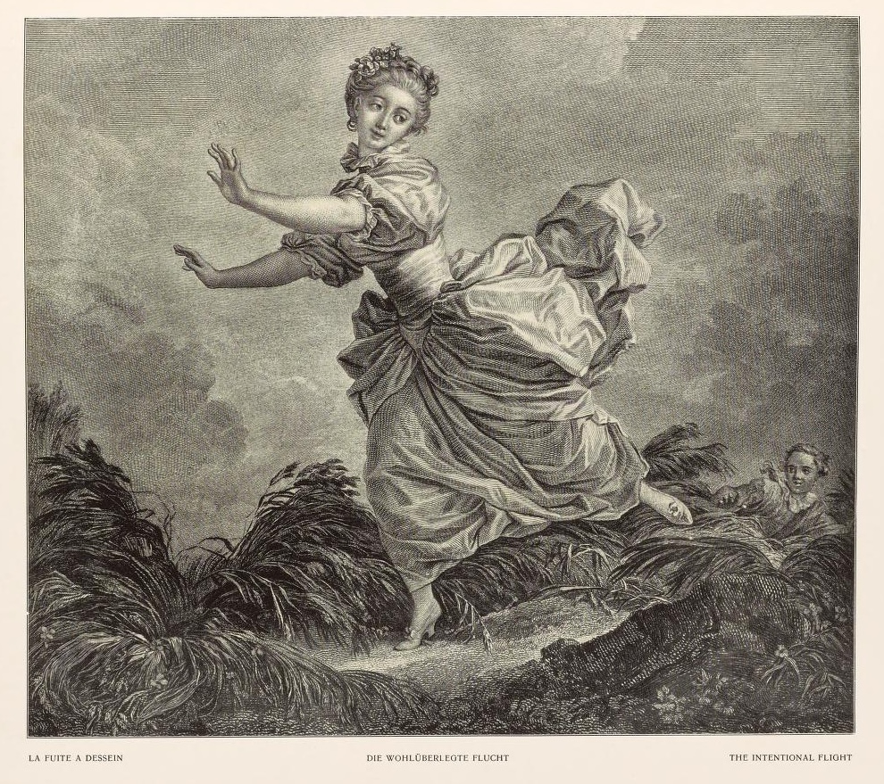 A French engraving of a woman in a flowing dress dashing forward with her arms extended and looking coyly back at a man hiding in the bushes watching her.